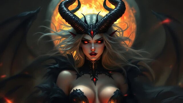 Lilith, Queen of the Underworld: A fiery digital painting of a demonic woman