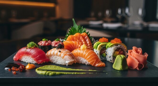 Gourmet Sashimi and Sushi Platter Artfully Arranged with Fresh Fish Avocado and Wasabi for Elegant Dining Experience