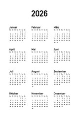 Calendar 2026 in German language. Week starts on Monday. Simple vector illustration of German calendar template. Minimal design on white bg