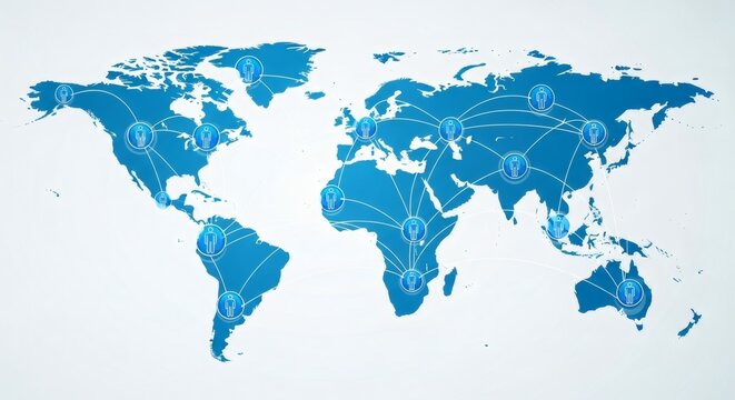 Vector illustration of a global network on a world map, symbolizing international travel, trade, and technology connections