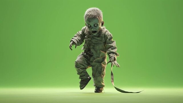 Zombie toddler walking with tattered clothes against a bright green background studio shot green screen halloween video