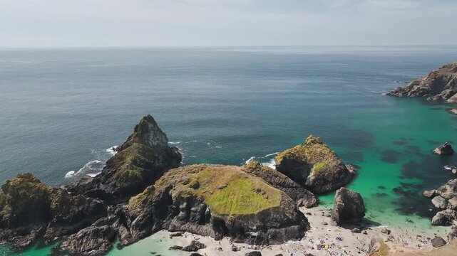 Kynance Cove from a drone, Mount's Bay, Lizard Point, Cornwall, England