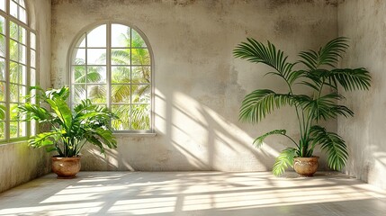 Obraz premium Sunlit room with tropical plants and window view in a serene and minimalist space