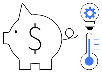 Piggy bank with dollar sign, light bulb with gear indicating innovation, and thermometer symbolizing financial growth. Ideal for savings, smart investment, planning, energy efficiency, finance