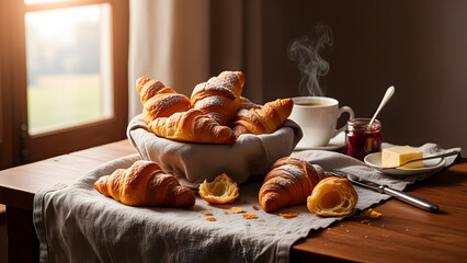 Freshly baked croissants dusted with powdered sugar, served with coffee and preserves.