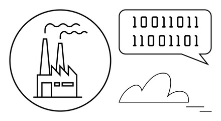 Obraz premium Factory within circle emitting binary data symbolizing digital communication, technology integration, and cloud computing. Ideal for manufacturing, IoT, automation, data flow, smart industry