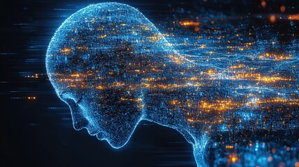 Abstract digital human head with glowing particles representing artificial intelligence and