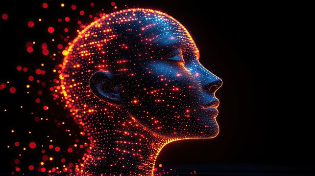 Abstract representation of a human head formed by glowing particles on a black background
