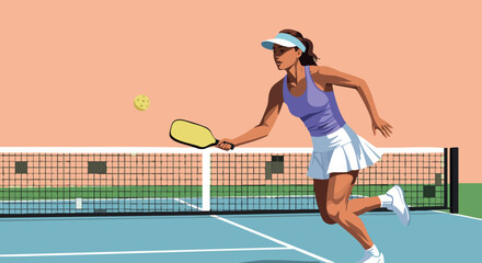 Woman playing pickleball on outdoor court with paddle and ball in action scene