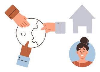 Hands assembling puzzle as teamwork symbol, representing collaboration, inclusion, home, community, diversity, problem-solving, and unity. Ideal for teamwork collaboration inclusion diversity