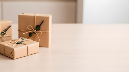 Brown paper packages tied up with string and decorated with foliage and dried lavender.