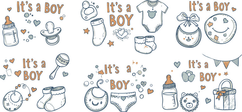 Baby boy announcement icons with bottles pacifier clothes and toys cute newborn design elements vector set - Powered by Adobe
