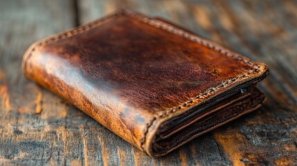 Close-up of a handcrafted brown leather wallet on a rustic wooden surface showcasing quality