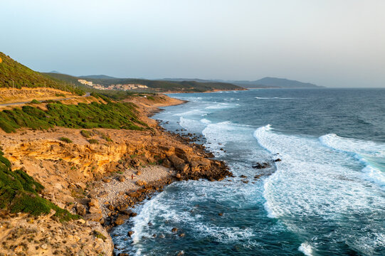 Drone aerial view of Costa Verde beach and hills in Arbus, Sardinia, Italy