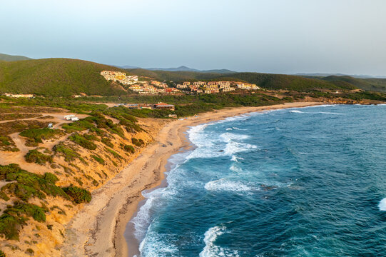 Drone aerial view of Costa Verde beach and hills in Arbus, Sardinia, Italy