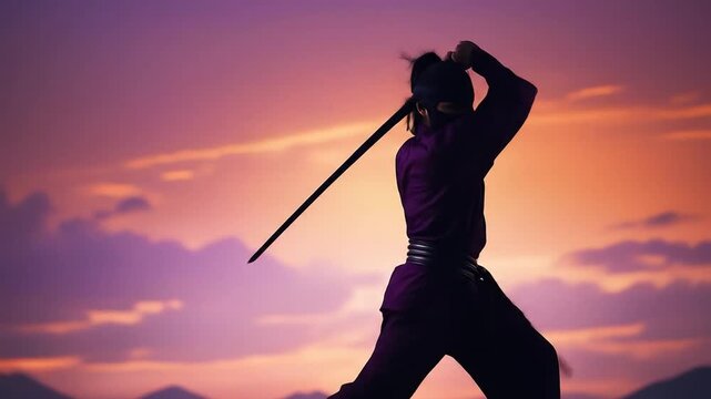 Silhouette of a Ninja Warrior at Sunset