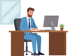 Businessman working at desk with computer in modern office environment vector illustration