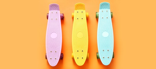 Different skateboards on orange background, top view © Pixel-Shot