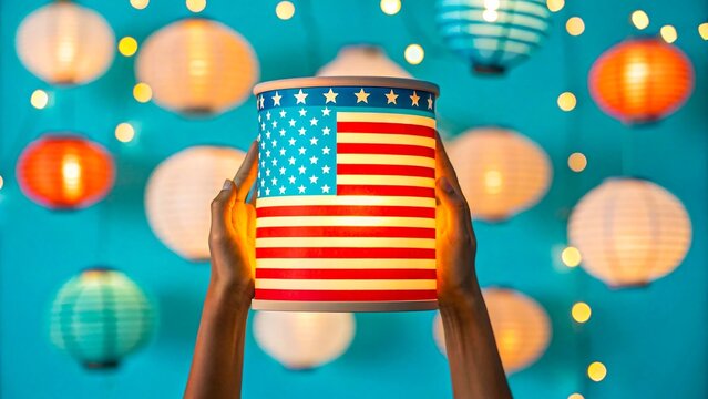 Hands holding american flag lantern with glowing lights background