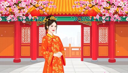 Fototapeta premium Elegant Chinese Woman in Traditional Attire at a Scenic Temple.