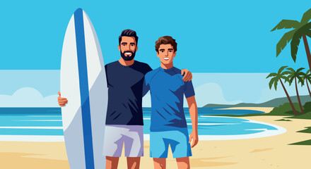 Obraz premium Two men with surfboard on beach summer vacation friendship ocean waves palm trees vector illustration