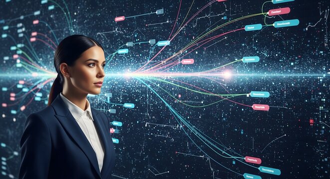 Businesswoman data analysis big data analytics ai artificial intelligence future technology innovation network hub