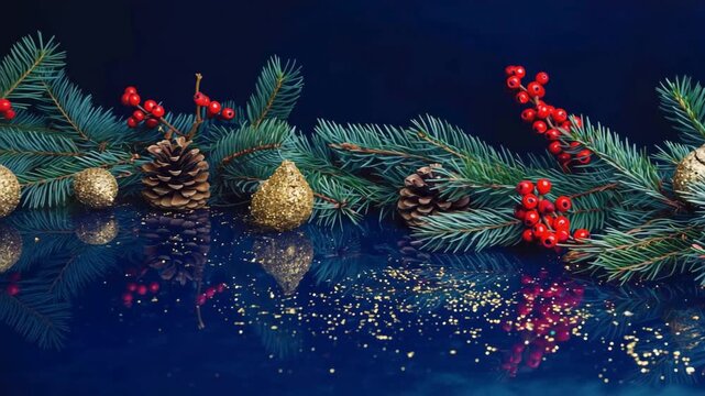 Navy reflective surface with pine, berries and gold
