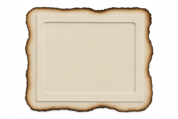 Paper frame with burnt edges creating a vintage or antique feel, perfect for displaying images or text on a transparent background