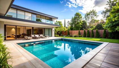 Fototapeta premium Elegant modern home with swimming pool under bright blue sky outdoor