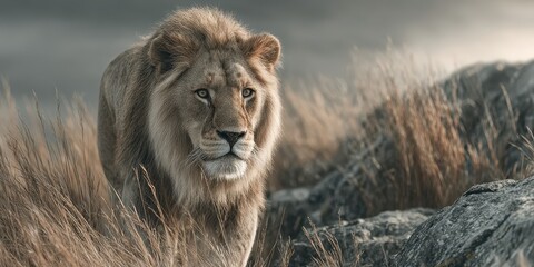 Majestic lion explores its natural habitat during a quiet morning in the savanna