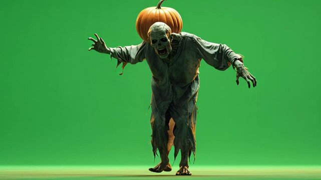 Zombie with pumpkin head on green screen background in tattered clothing and decaying skin pose green screen halloween video