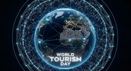 Obraz premium Digital Earth Network Visualizing Global Travel and Connections Worldwide