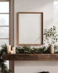 Frame mockup | 8x10 blank wooden frame on rustic mantle with candles garland and vase near winter window | Holiday interior aesthetic | Wall art and print design template