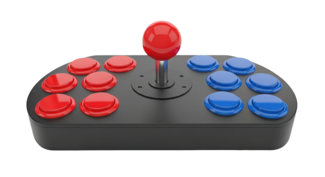 Arcade fight stick controller with red joystick and buttons for gaming and retro arcade games console