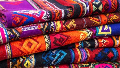 Colorful andean textiles stacked, showcasing intricate patterns and vibrant colors