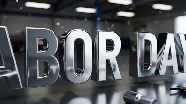 Labor Day title sequence with tools, wrenches, impact driver in auto repair shop. Perfect for holiday sales ads, manufacturing promotions, or labor appreciation content. Celebrate workforce!