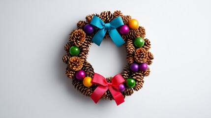 Christmas wreath with pinecones, red ribbons, and holly berries, isolated on white background