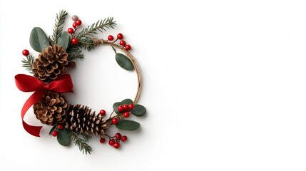 Christmas wreath with pinecones, red ribbons, and holly berries, isolated on white background