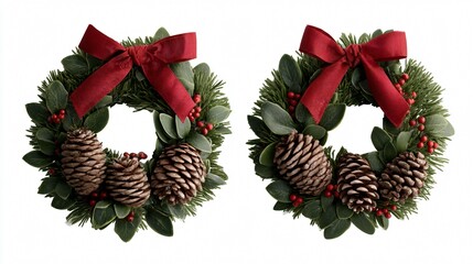 Christmas wreath with pinecones, red ribbons, and holly berries, isolated on white background