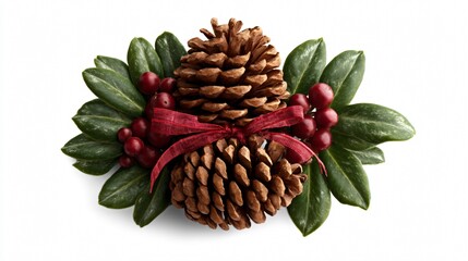Christmas wreath with pinecones, red ribbons, and holly berries, isolated on white background