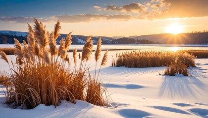 Winter Meadow Sunset: Reeds Illuminated by Golden Light on Snow-Covered Field