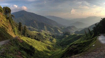 Naklejka premium Lush green mountain valley at sunrise.