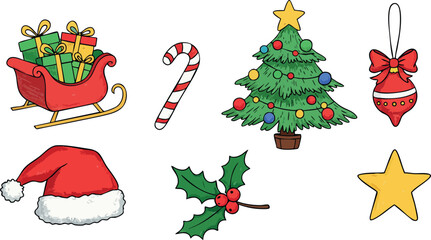 Christmas holiday festive decorations including Santa sleigh gifts candy cane tree ornament hat star and holly vector illustration