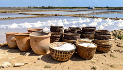 Naklejka premium Clay pots and woven baskets filled with salt at a salt farm
