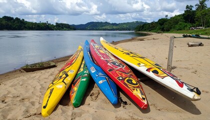 Colorful kayaks lined up on a sandy river beach ready for adventure