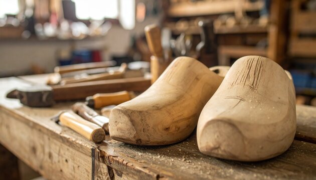 Wooden shoemaker lasts and tools in a rustic workshop setting