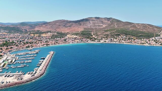 Yenifoca 4k drone video with its marina and beaches in Foca, Izmir, Turkiye.