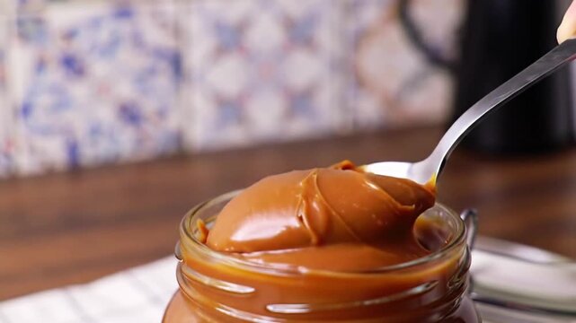 Spoon dipping into jar of creamy dulce de leche, close-up of smooth texture and caramel color