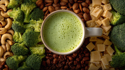 Vibrant green smoothie sits white cup, surrounded by array of healthy ingredients including broccoli, nuts, and chocolate pieces. This colorful composition highlights nutritious choices