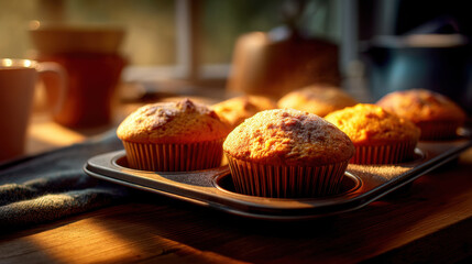 Freshly baked muffins sit in tray, golden and warm, illuminated by soft sunlight streaming through window. cozy kitchen atmosphere enhances inviting aroma of baked goods